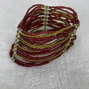 Boho Multi Strand Seed Bead Cuff Bracelet Red Gold Wide Statement Spacer Bar